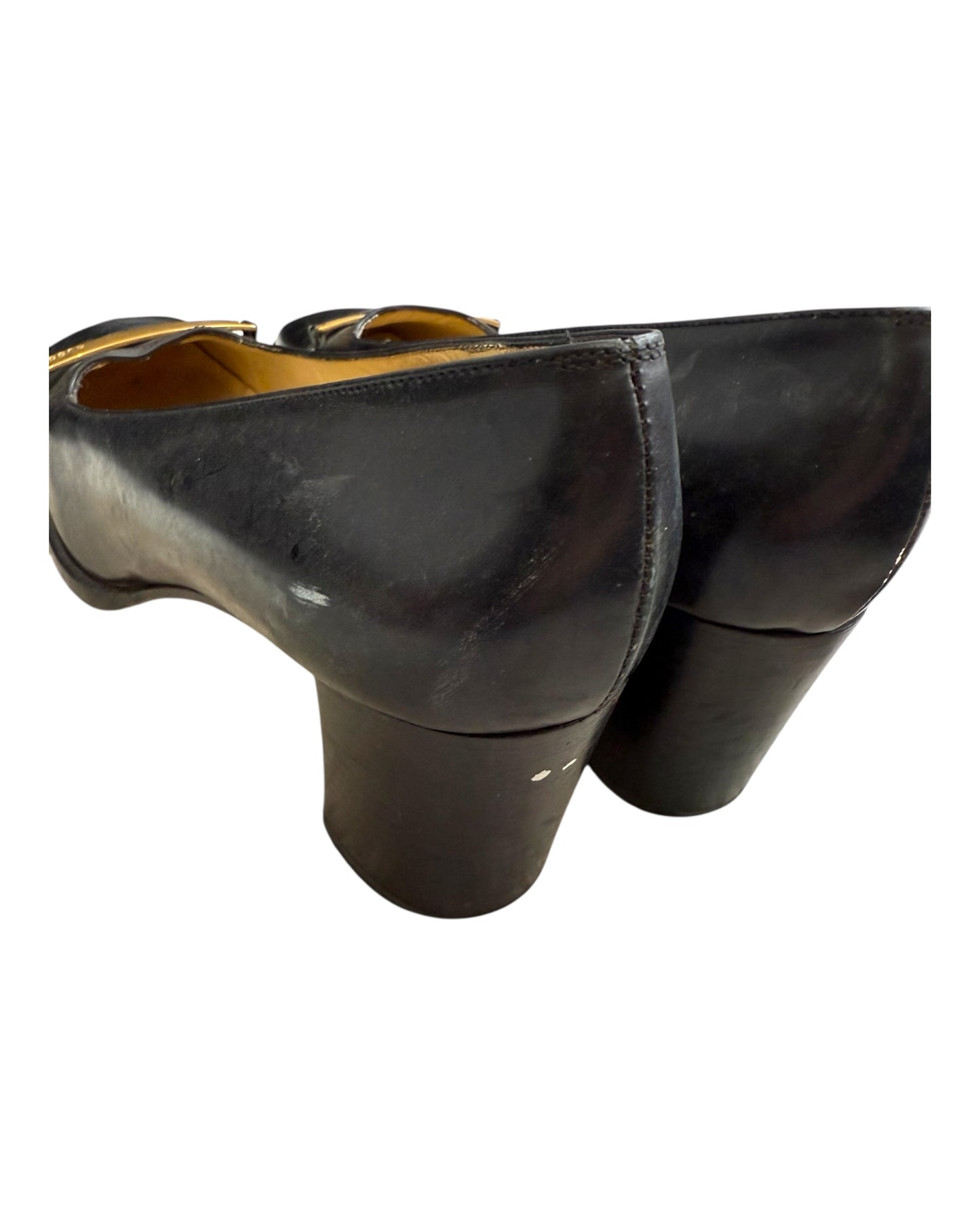 Vintage Gucci Black Chunky Heels with Gold Buckle