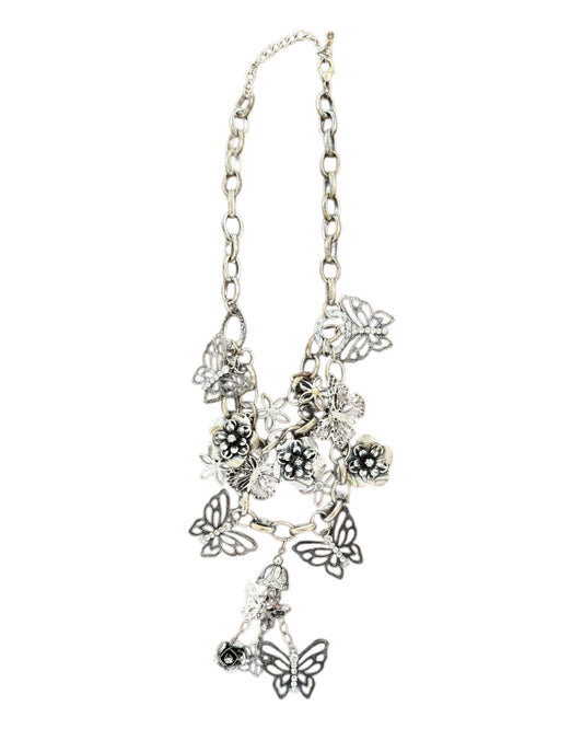 Vintage Silver Chain Butterflies and Flowers Charm Necklace