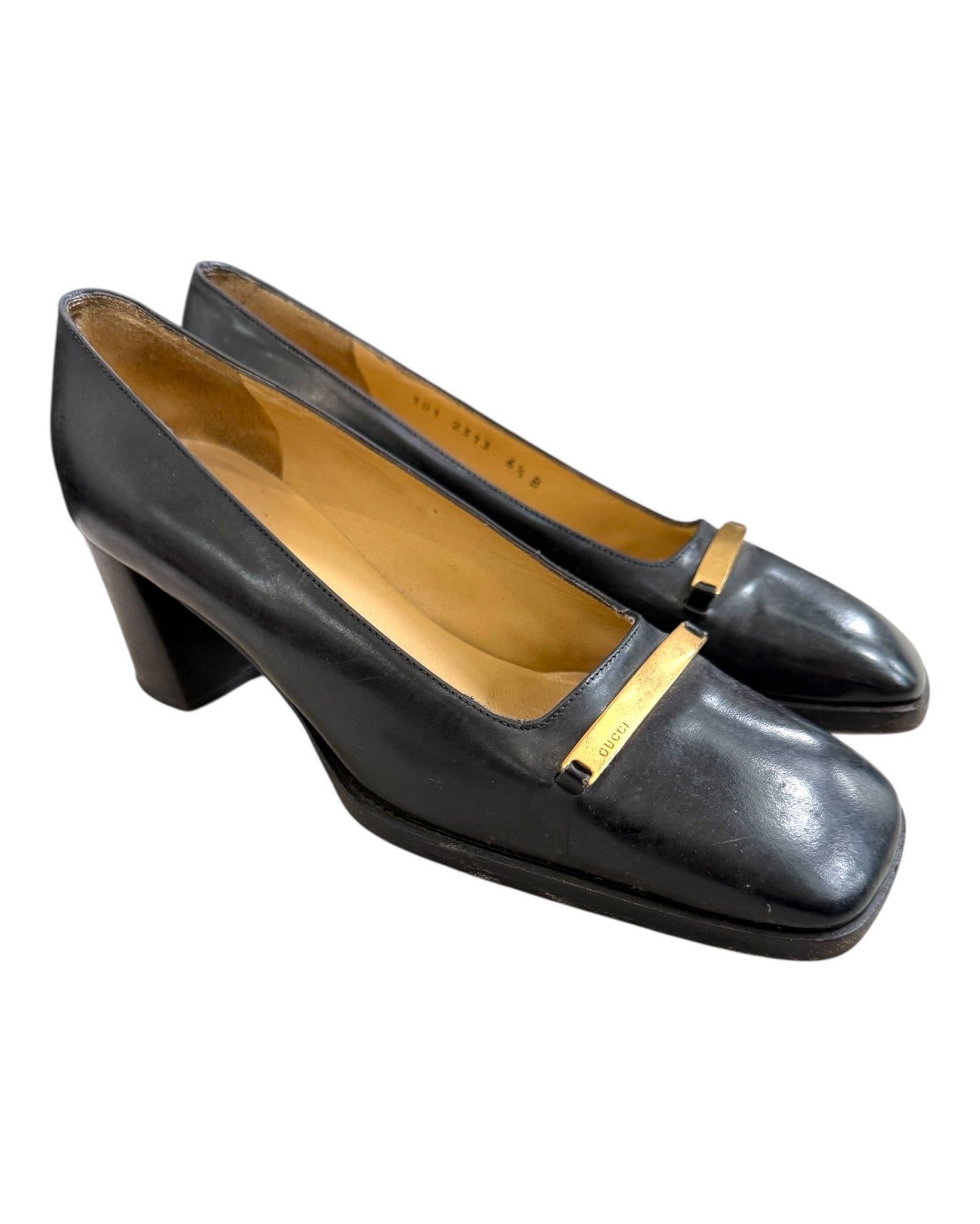 Vintage Gucci Black Chunky Heels with Gold Buckle