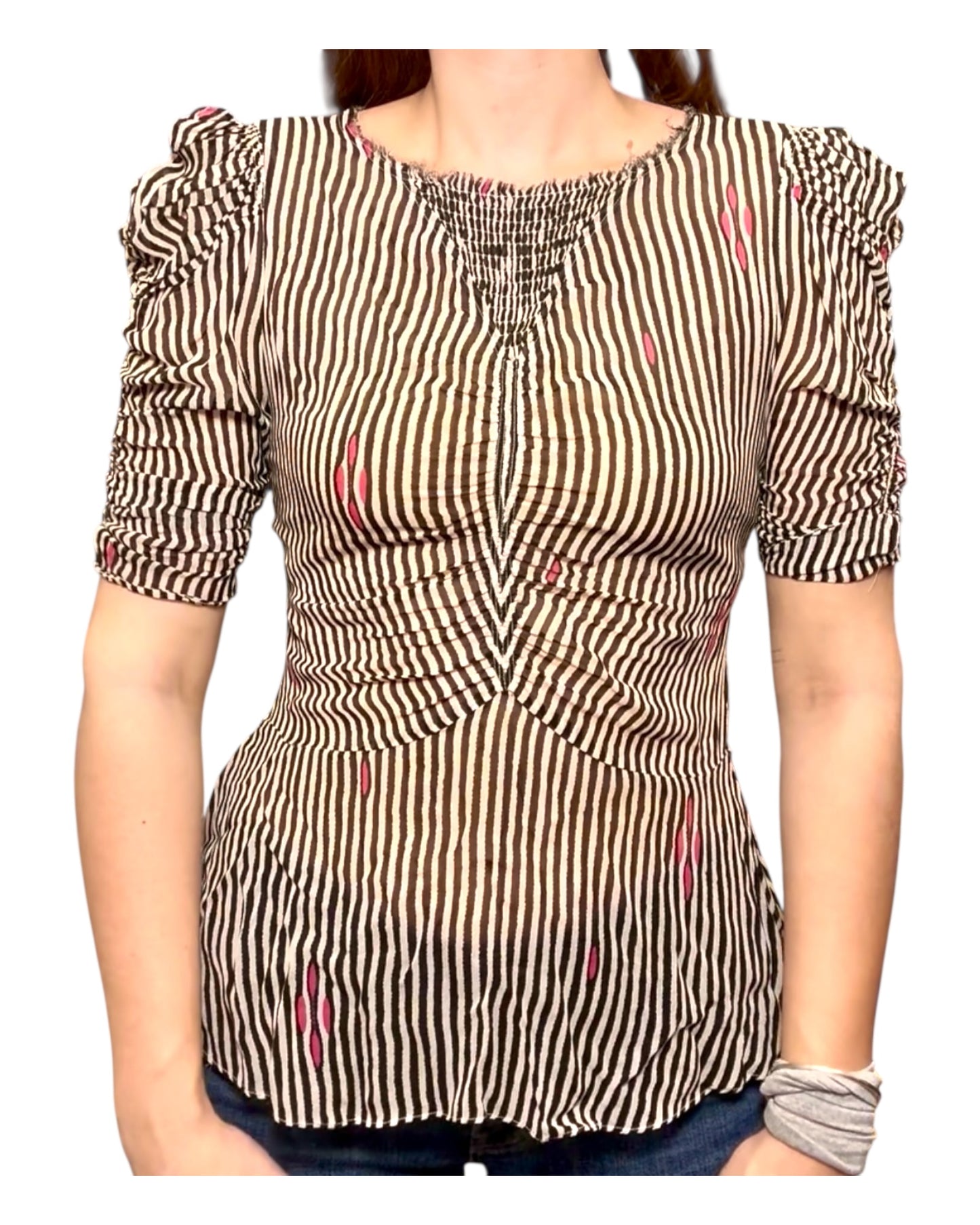 Vintage Isabel Marant Black, White and Pink Sheer Striped Peplum Top