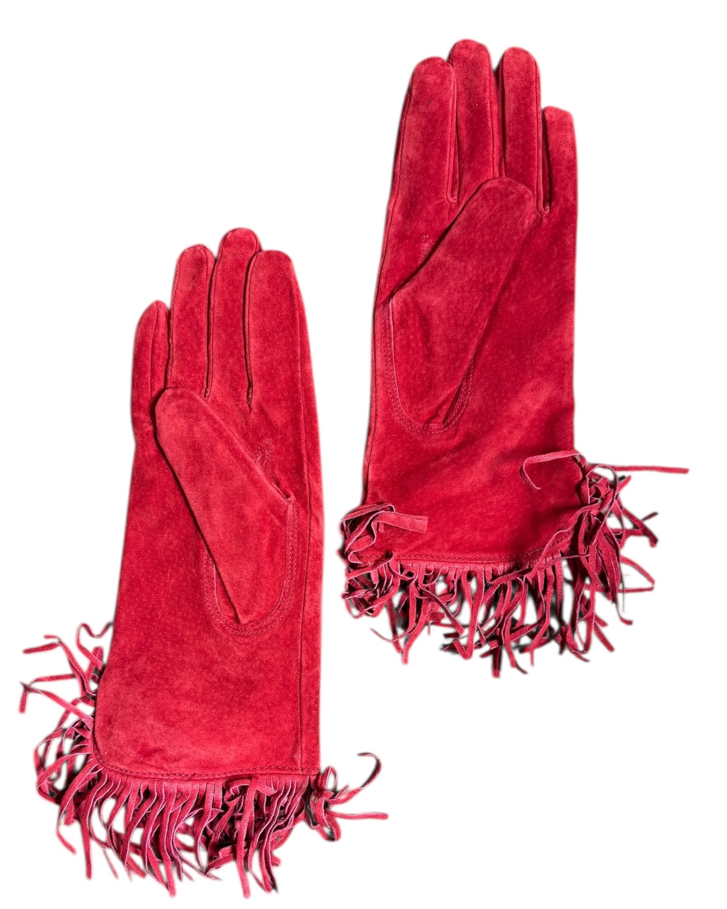 Vintage Red Suede Gloves with Fringe