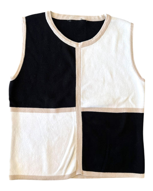 Vintage 1990s Black, White and Beige Color Block Knit Sleeveless Top 