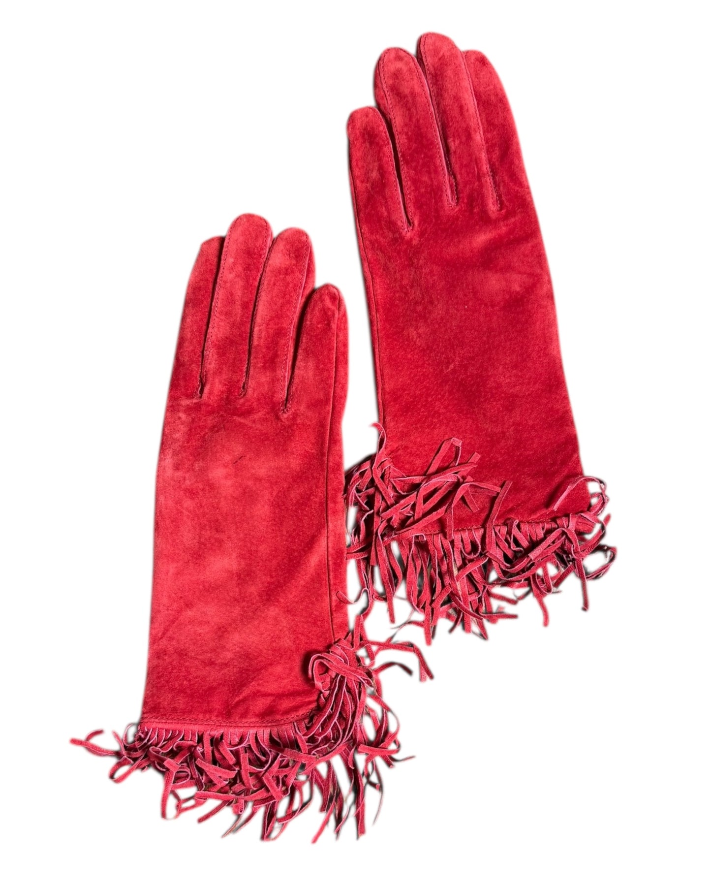 Vintage Red Suede Gloves with Fringe