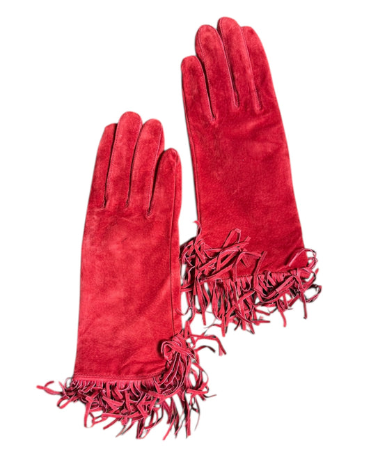 Vintage Red Suede Gloves with Fringe