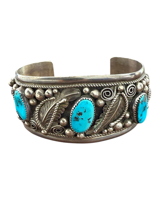 Vintage H. Spencer Sterling Silver and Genuine Turquoise Cuff Bracelet