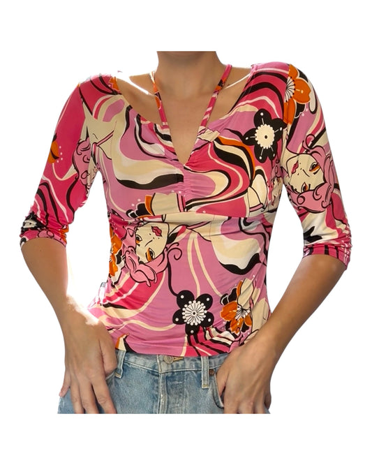 Vintage Pink Graphic Print Stretchy Top