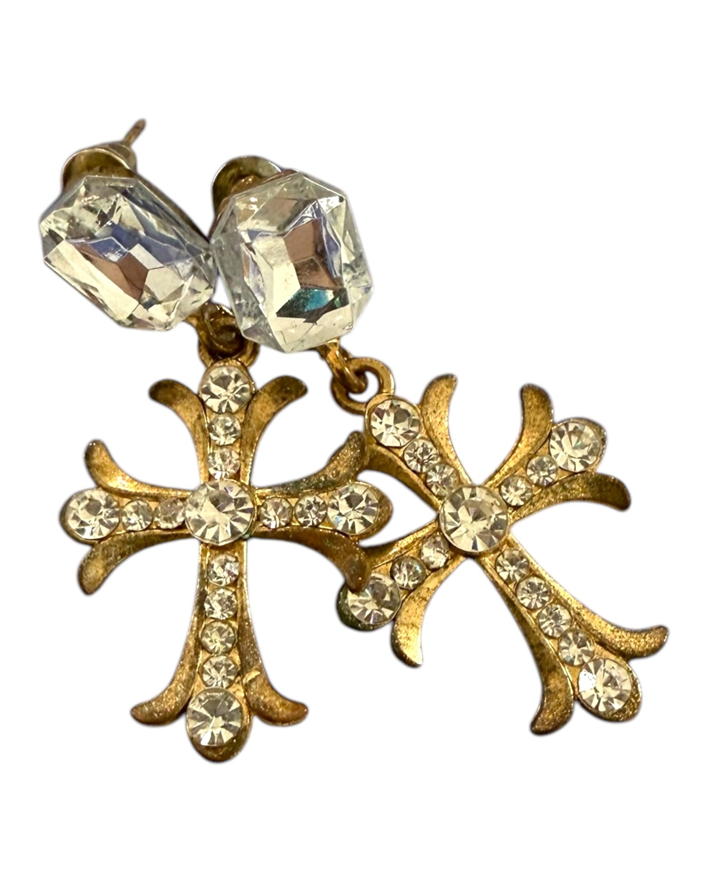 Vintage Gold and Rhinestone Cross Earrings