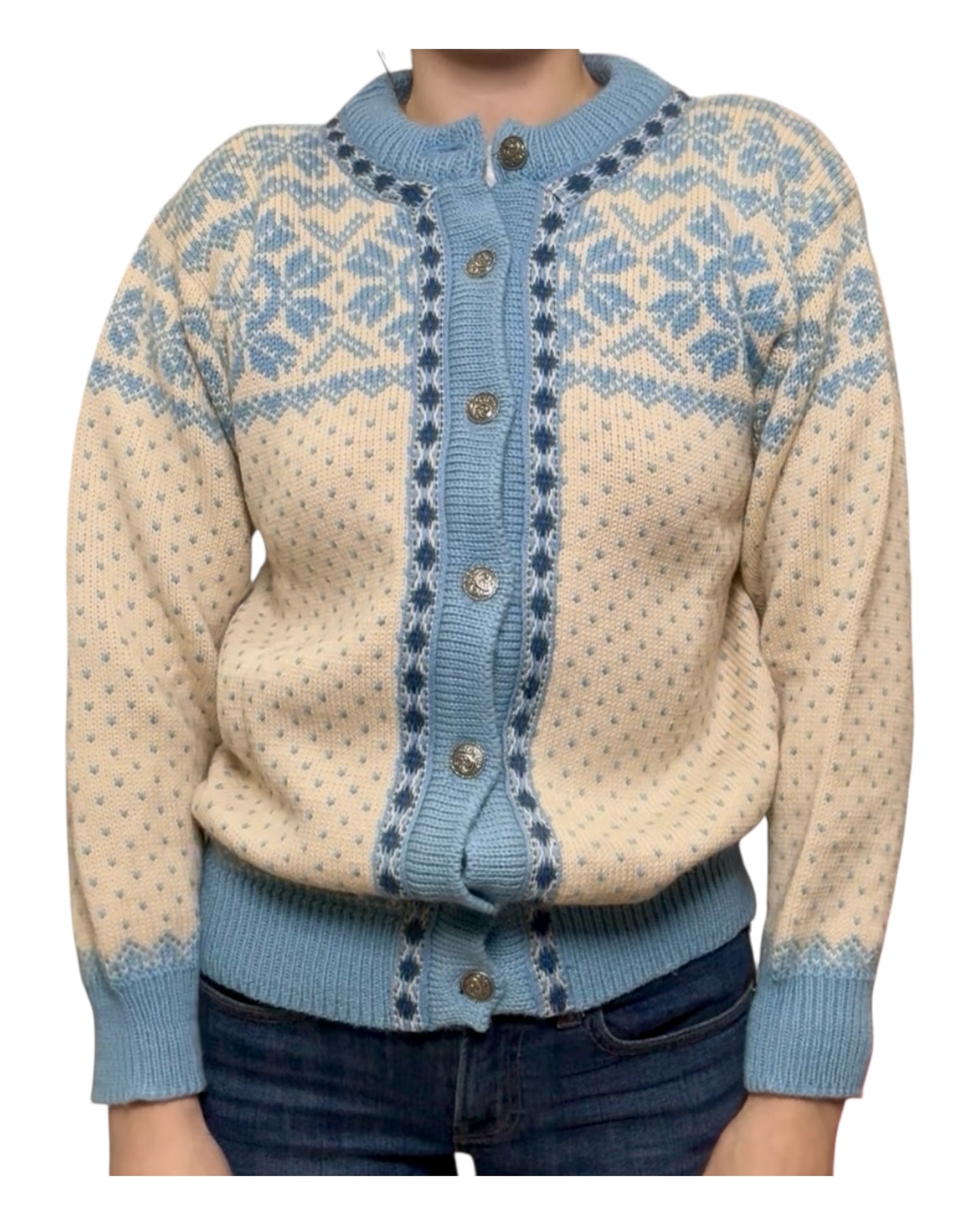Vintage Dale Of Norway Blue and White Wool Cardigan Sweater