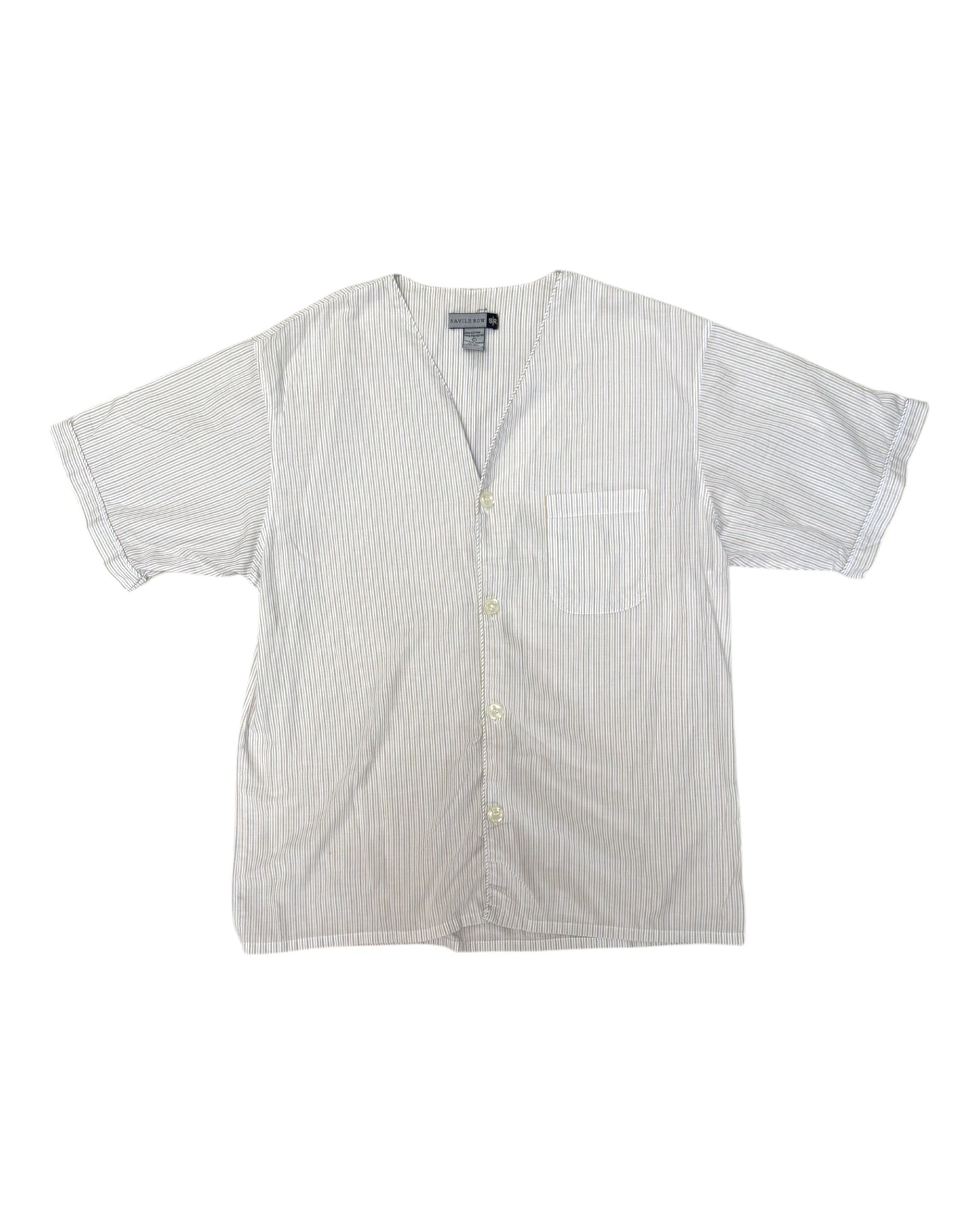 Vintage Collarless Cotton Stripe Short Sleeve Button-Up Top