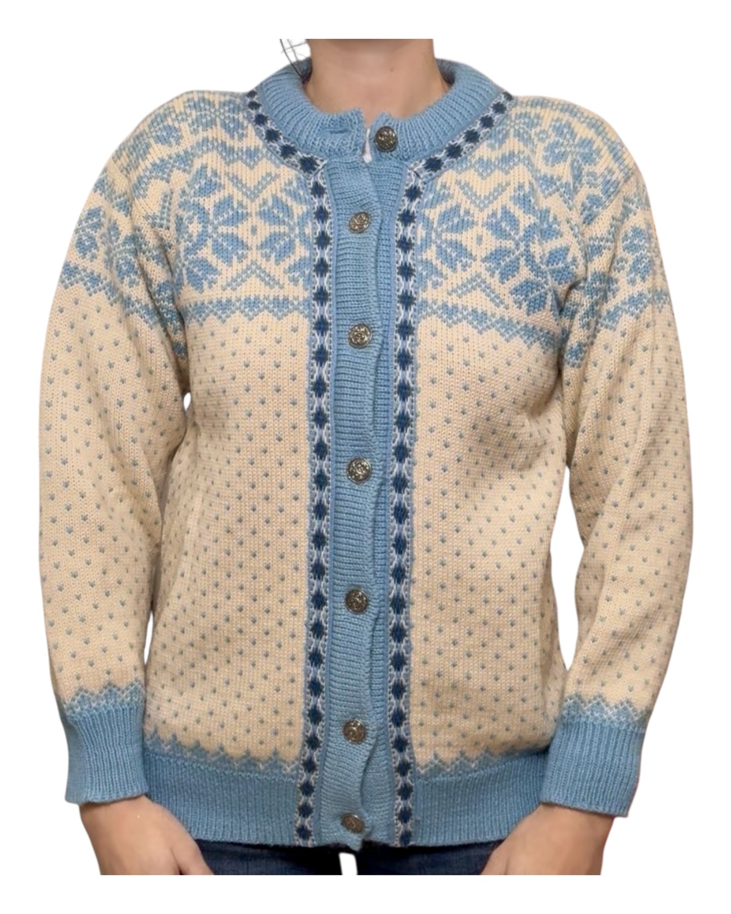 Vintage Dale Of Norway Blue and White Wool Cardigan Sweater