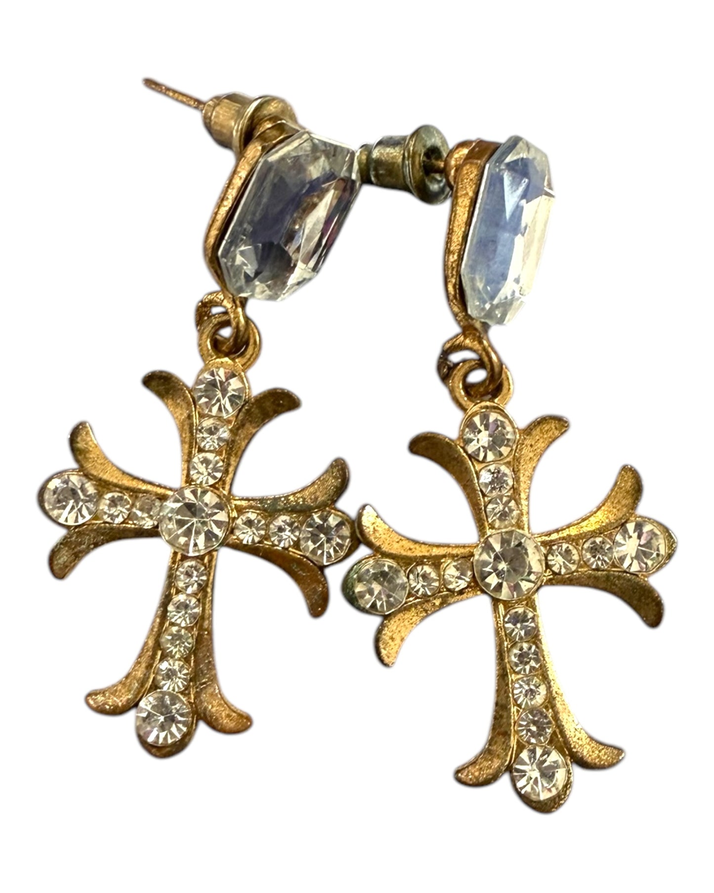 Vintage Gold and Rhinestone Cross Earrings
