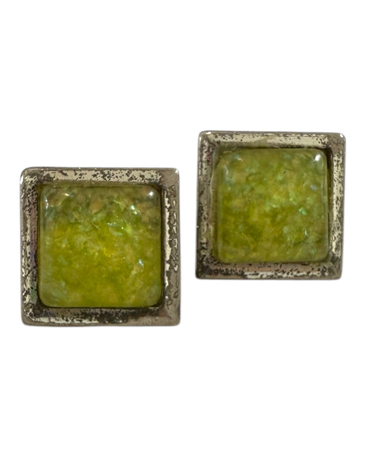 Vintage Green and Silver Square Stud Earrings