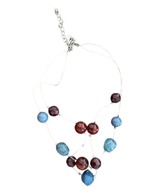 Vintage Blue and Red Beaded Tri-Layer Wire Necklace