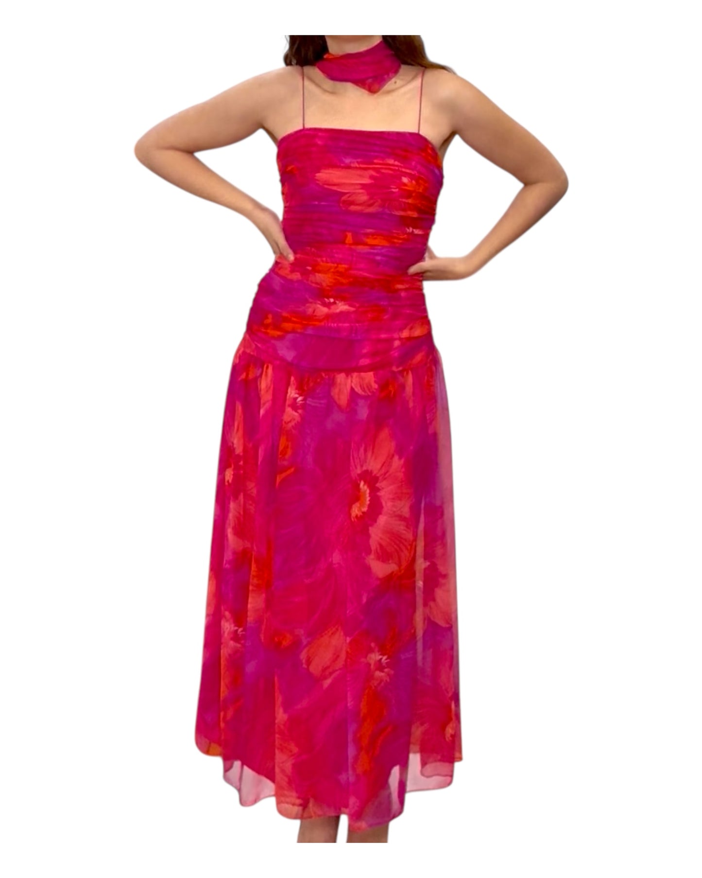 Vintage Pink and Orange Floral Maxi Dress with Scarf