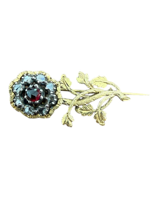Vintage Gold Rose with Ruby Red Crystal Pin