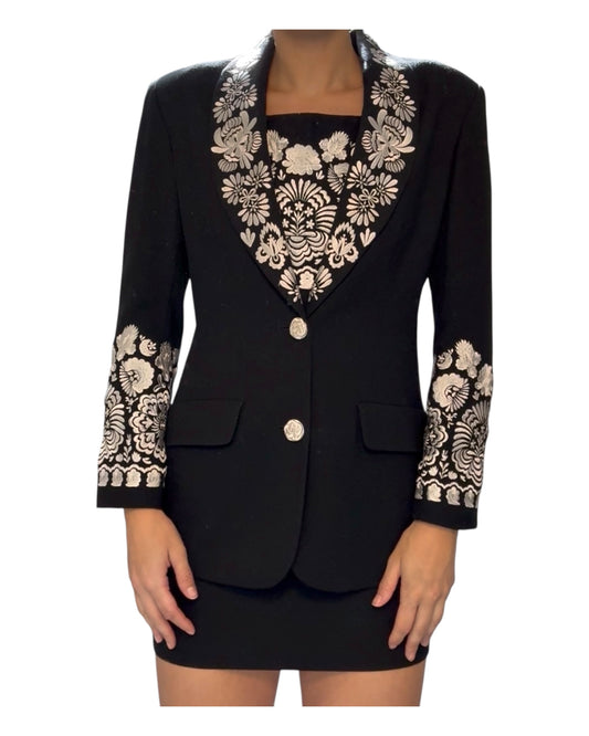 Vintage Black and White Embroidered Dress and Blazer Set