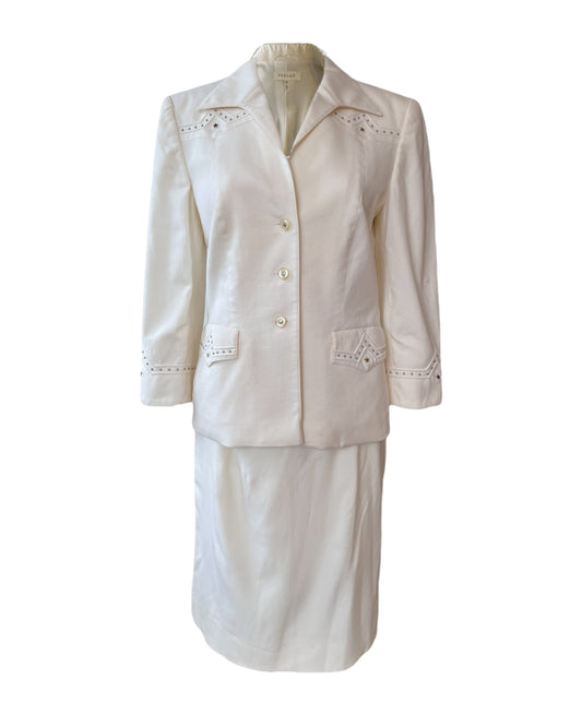 Vintage 2000 Escada white denim skirt suit. includes a blazer and skirt. the suit is a western-style with metal embellishments throughout the blazer.